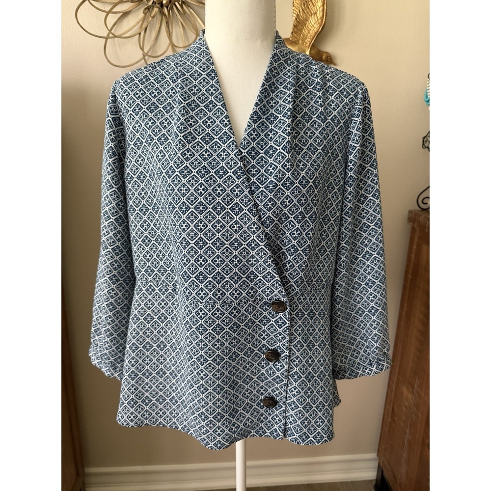 J Jill Workwear Collection Petite M Blue White Geometric Button Front Jacket